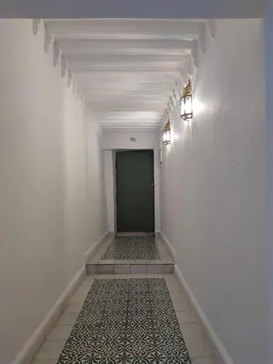 a hallway with white walls and a green door at RZ22, 5 min de Jemaa El Fna, 4 Pers, Fibre Optique Wi-Fi in Marrakech