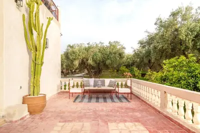 a patio with a table and chairs and a cactus at Villa Souad 5 Suites - Parking & Piscine Privée in Marrakech