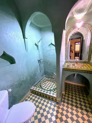 a bathroom with a shower with a sink and a mirror at Riad Majestic Marrakech in Marrakech