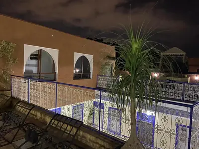 a palm tree in front of a building at night at Le riad de Salima, Noor Es Saadi design in Marrakech