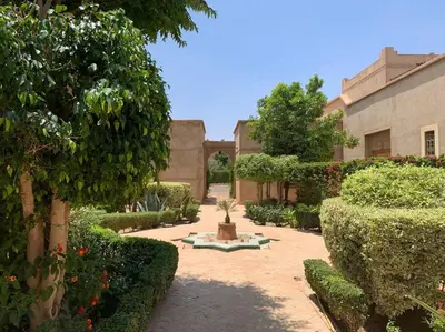 a garden with a potted plant in the middle of a courtyard at Rita House - Le Petit Paradis sur Terre in Douar Caïd Layadi