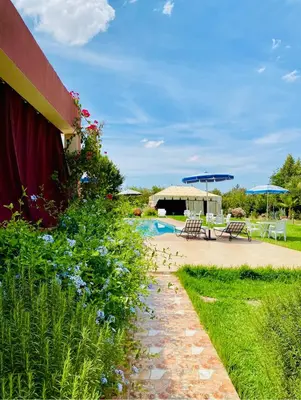 a garden with a swimming pool and some flowers at Villa Baddi Marrakech in Marrakech