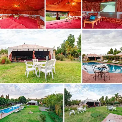 a collage of photos with tables and chairs and a pool at Villa Baddi Marrakech in Marrakech
