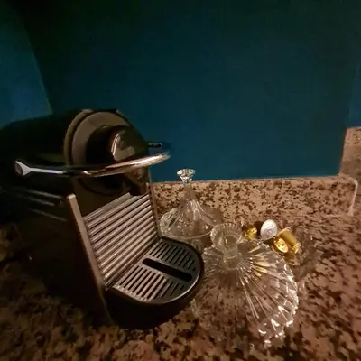 a bathroom counter with a trash can and a glass fan at Appartement cosy quartier au centre de Marrakech Gueliz in Marrakech