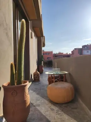 a patio with a cactus and a table on a building at Plein centre Marrakech, grand balcon filant in Marrakech