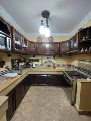 a large kitchen with wooden cabinets and a sink at Riad Habib - Traditional Moroccan 3 bedroom family home in Marrakech
