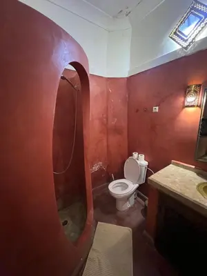 a bathroom with a toilet and a sink and a mirror at Riad La Perla Bianca in Marrakech