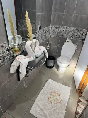 a bathroom with a toilet and towels on the wall at Riad Douja in Marrakech