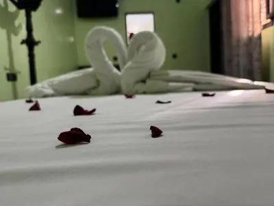 two white swans are sitting on a bed with roses at Riad Douja in Marrakech