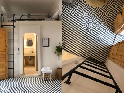 two images of a room with a staircase and a hallway at Dar Oki in Marrakech
