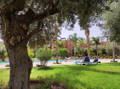a person sitting in a chair under a tree in a park at Vizir Center Appartement avec solarium in Dar Caïd Layadi