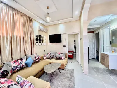 a living room with a couch and a tv at Al Hanae Family Aparts in Marrakech