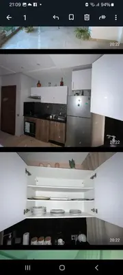 two photographs of a kitchen and a living room at Prestigia Agate golf Piscine Marrakech in Marrakech