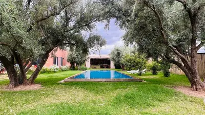 a swimming pool in a yard with trees at Le Domaine des Oliviers in Marrakech
