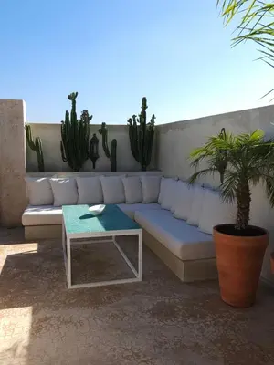 a couch and a table on a patio with cactus at Riad Coconut in Marrakech