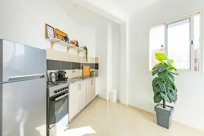 a kitchen with a stainless steel refrigerator and a potted plant at Marrakech kamed home in Marrakech