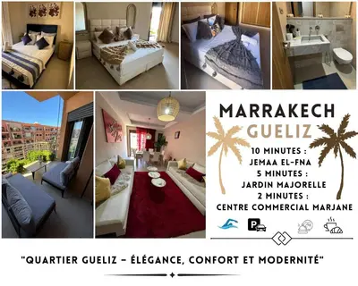 a collage of photos of a hotel room with a bed at Appartement neuf climatisé, centre Marrakech. in Marrakech