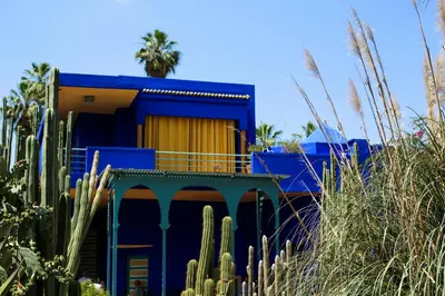 a blue house with a cactus in front of it at Merveilleuse Marrakech! in Marrakech