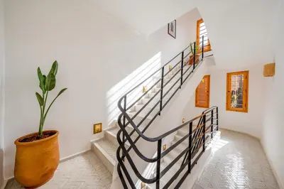 a hallway with stairs with a potted plant at RIAD LE M neuf et contemporain in Marrakech