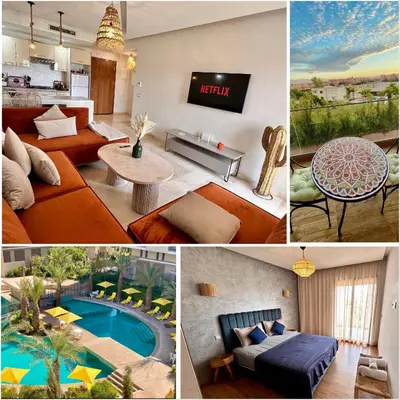 a collage of pictures of a living room with a pool at Pearl Garden Studio Cozy Panoramic Charming sunny Terrace Piscine in Marrakech