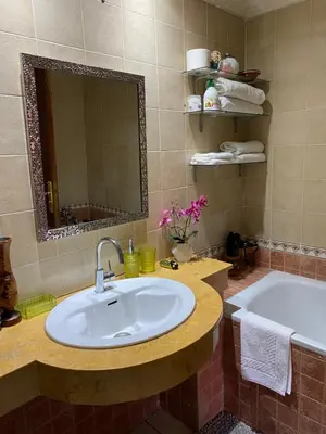 a bathroom with a sink and a tub and a mirror at Lala's apartment in Marrakech