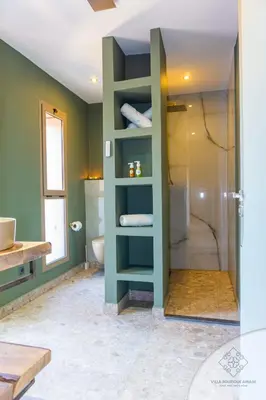 a bathroom with a shower and a toilet and green walls at Villa Boutique Amani in Marrakech