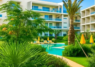 a resort with a swimming pool and palm trees at Pearl Garden 69 in Marrakech