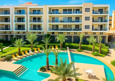 an apartment building with a swimming pool and palm trees at Pearl Garden 69 in Marrakech