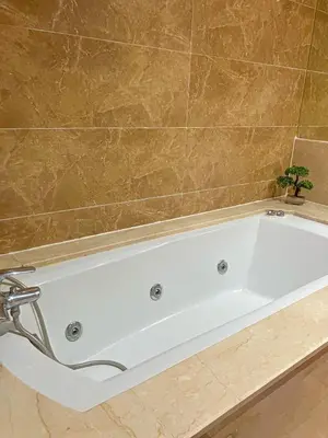 a white bath tub with a plant on top of it at appartement génial in Marrakech