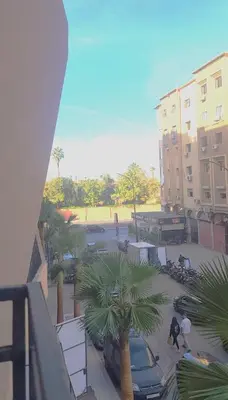 a view of a parking lot with cars and palm trees at Appartement centre-ville Marrakech Guéliz in Marrakech