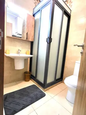 a bathroom with a shower and a sink and a toilet at Appartement centre-ville Marrakech Guéliz in Marrakech