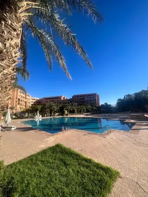 a swimming pool in a park with a palm tree at Appartement Hivernage M Avenue in Marrakech