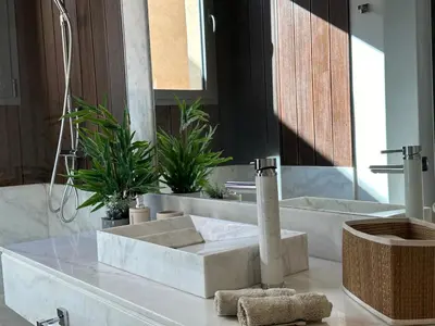 a bathroom with a white sink with two plants at Luxury living/Terrace/Pool in Marrakech