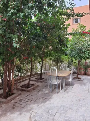 a table and chairs sitting next to some trees at Marrakech plus in Marrakech