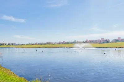 a pond with ducks in the water with a fountain at Relax Front Of Pool-Garden-Fibre in Marrakech