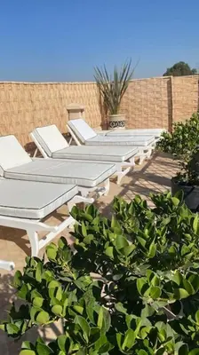 a row of chaise lounges sitting on a patio at Riad Wadiya, privatif, piscine en rooftop. in Marrakech