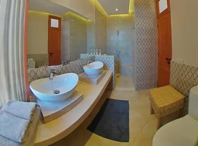 a bathroom with a large sink and a toilet at La Ferme de LallaDom in Tameslouht