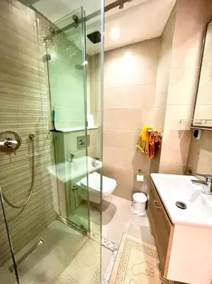 a bathroom with a shower and a toilet and a sink at Menara Garden pool in Marrakech