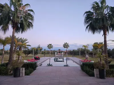 a pool in the middle of a park with palm trees at Villa Dar El Hna in Marrakech