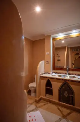 a bathroom with a sink and a toilet and a mirror at Riad Fleur d'Orient in Marrakech