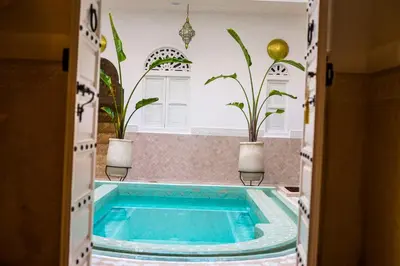a bathroom with a swimming pool with two potted plants at Riad Zayn & Spa in Marrakech