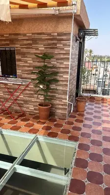 a patio with a potted plant on a brick wall at Riad Jad - Sweet Duplex Appartement in Marrakech
