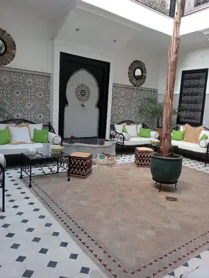 a living room with couches and a tree at Le riad de l'étoile ocre - COTG in Marrakech