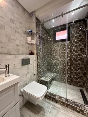 a bathroom with a shower and a toilet and a sink at Appartement Zazat in Marrakech