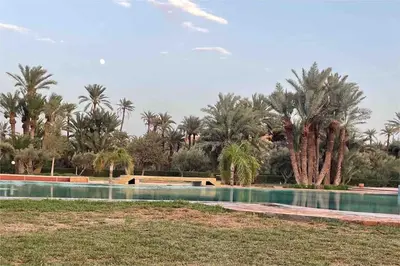 a swimming pool with palm trees in the background at Appart-Oasis/3 Piscines/2 Terrasses in Marrakech