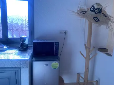 a kitchen with a small refrigerator and a tree at Appartement MSholidays Gazelle Marrakech in Marrakech