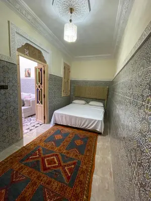 a bedroom with a bed and a rug on the floor at Riad Fridi in Marrakech