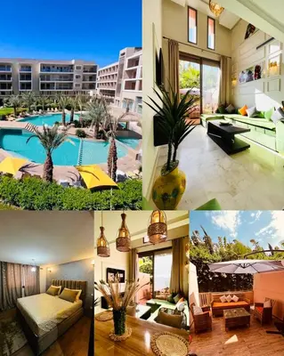 a collage of photos of a hotel with a pool at Nouvel appartement de luxe Pearl garden in Marrakech