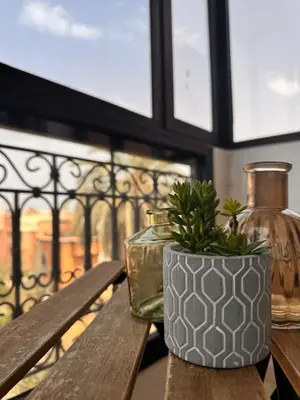 a plant in a vase sitting on a table at À 6 min du stade - Résidence avec Piscine, Wifi, Gardien H24 in Marrakech