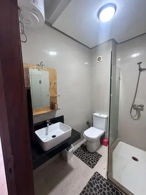 a bathroom with a sink and a toilet and a mirror at Cosy appartement au Centre de Marrakech in Marrakech